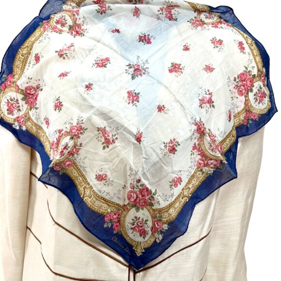 NewUnused Christian dior MiniScarf/Handker Cotton 19" Blue white pink Floral(43 - Picture 1 of 5